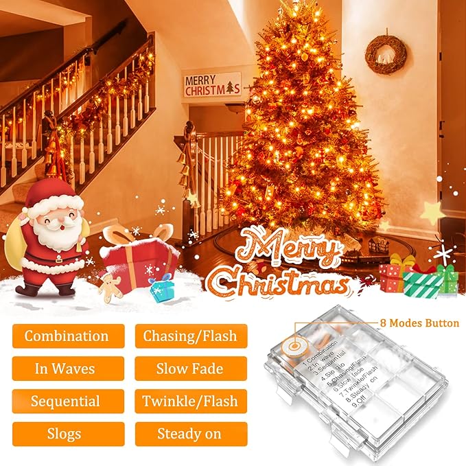 JMEXSUSS 33ft 100 LED Orange Christmas Lights, Battery Operated Christmas Lights, Orange String Lights with Remote Indoor Outdoor Waterproof for Fall Xmas Decorations