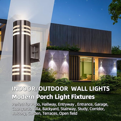 2 Pack Outdoor Wall Sconce, Waterproof Wall Light Fixture, Cylinder Porch Wall Mount Light with Stainless Steel 304, E27, 13" Height, UL Listed (Silver, Brushed Nickel, No Bulbs)