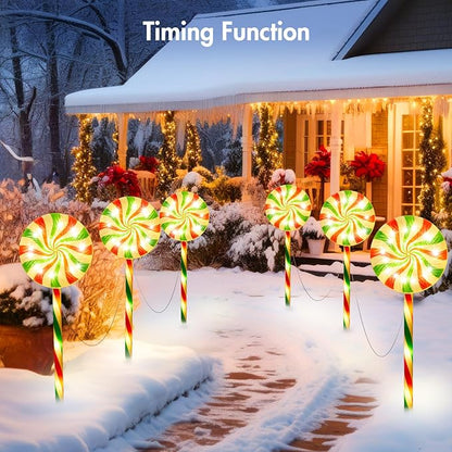 Brightown 6 Pack Lollipop Christmas Pathway Lights Outdoor - 27IN 120 LED Candy Cane Pathway Lights with 8 Lighting Modes, Waterproof Christmas Light Outdoor Decoration for Lawn Walkway, Warm White