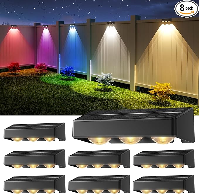 NIORSUN Solar Fence Lights,8 Pack Solars Deck Light,RGB Color,Outdoor Bulb Waterproof Led IP65,Power Patio Lamp with Lenses for Outside/Backyard/Railing/Yard(Black)
