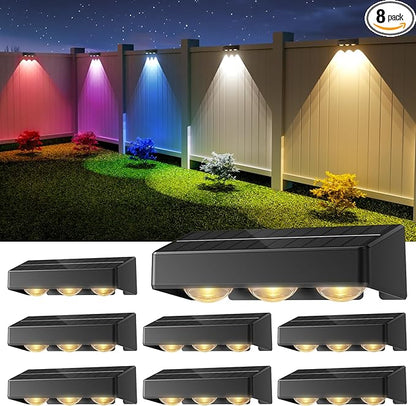 NIORSUN Solar Fence Lights,8 Pack Solars Deck Light,RGB Color,Outdoor Bulb Waterproof Led IP65,Power Patio Lamp with Lenses for Outside/Backyard/Railing/Yard(Black)