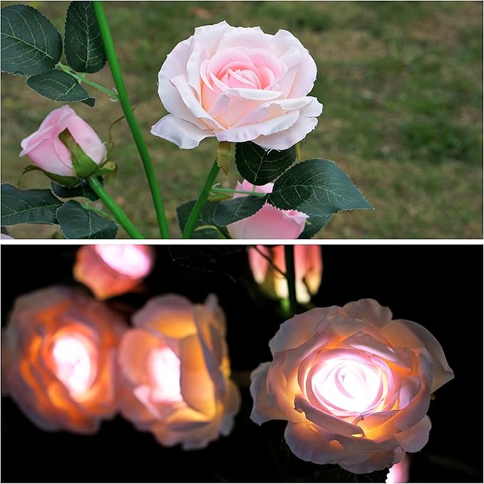 SmilingTown Solar Garden Stake Lights 2 Pack with 10 Rose Flowers Landscape Path Decorative Lights Waterproof for Outdoor Yard Grave Cemetery Pathway Courtyard Lawn (Pink)