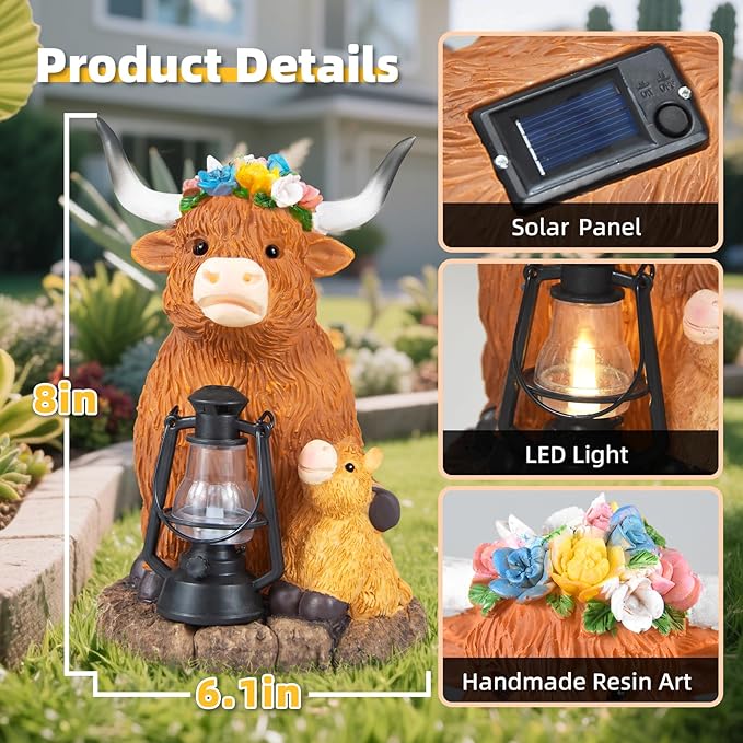 Highland Cow Solar Lights, Solar Powered Statues for Garden,Outside Decor with Latern for Yard Birthday Easter Gifts for Grandma Mom Women Funny Decorations for Yard and Patio Gifts