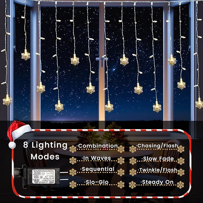 Icicle Lights for Outside 180 Clear Warm White 5MM Led 26.4ft White Wire Snowflake with 8 Mode Function Curtain String Lights Indoor Warm White and Outdoor for roof Patio Garden Bedroom (Remote)