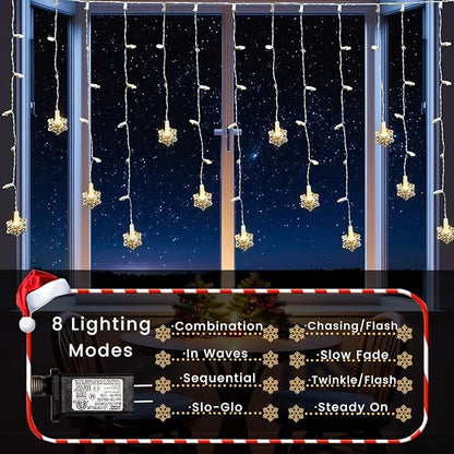 Icicle Lights for Outside 180 Clear Warm White 5MM Led 26.4ft White Wire Snowflake with 8 Mode Function Curtain String Lights Indoor Warm White and Outdoor for roof Patio Garden Bedroom (Remote)