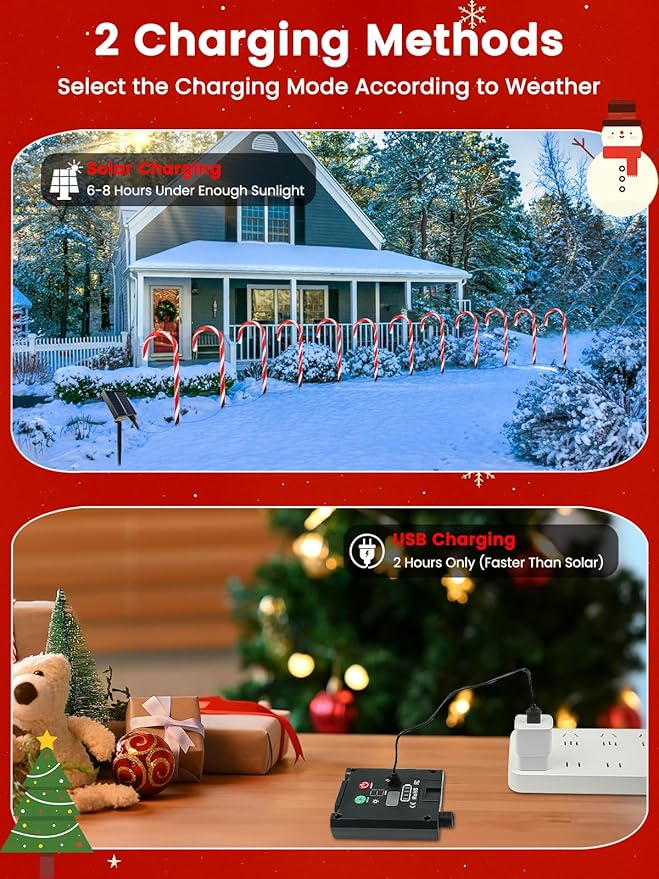 BOSSERN Upgraded 24 Pack Candy Cane Solar Christmas Lights Waterproof, Rechargeable Pathway Lights with Remote | Lumora