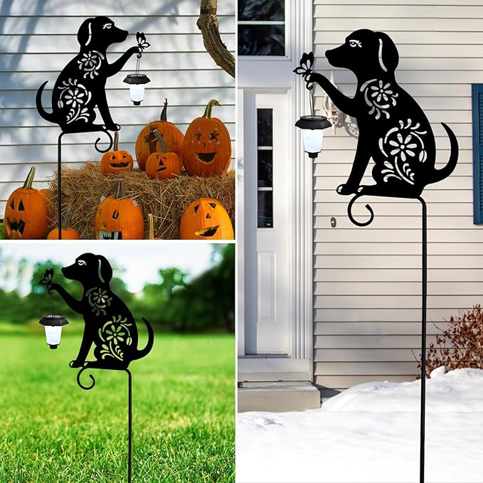 Dog Solar Lights Outdoor Garden Decoration, Animal-Themed Metal Decorative Garden Stakes with Solar Lantern for | Lumora