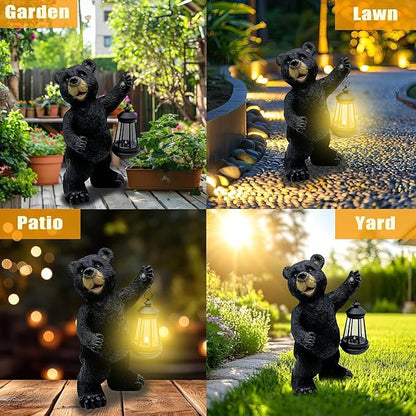 Solar Black Bear Garden Statue with LED Lantern - 14'' Outdoor Resin Animal Sculpture, Auto-On/Off Solar-Powered Waterproof Lawn Decor, 10-12H Long-Lasting Lighting for Patio/Yard/Porch
