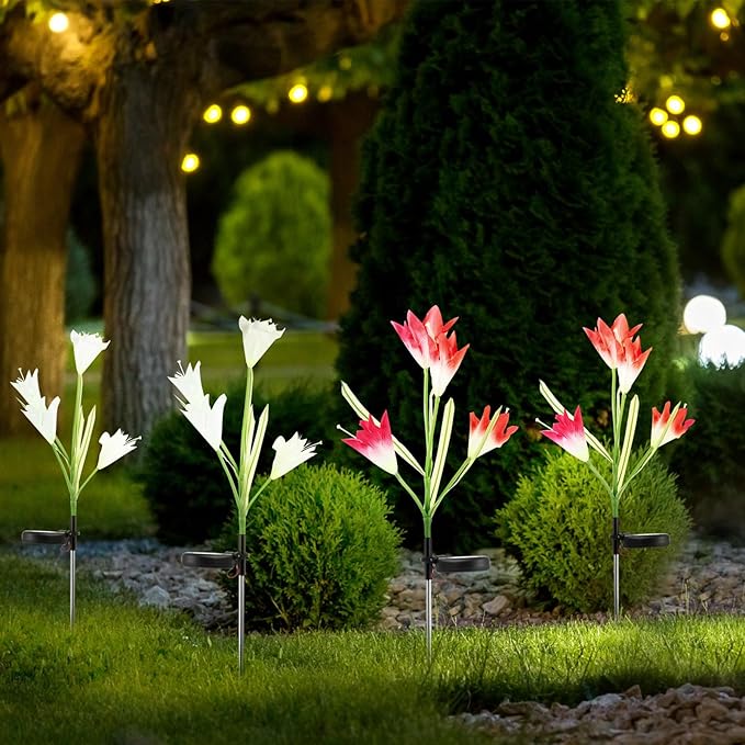 Veemoon 2pcs Solar Floor Plug Lamp Lily Shape LED Garden Solar Light with Ground Stake, Outdoor Landscape Path Light for Lawn Patio Decoration, White and Pink Mix