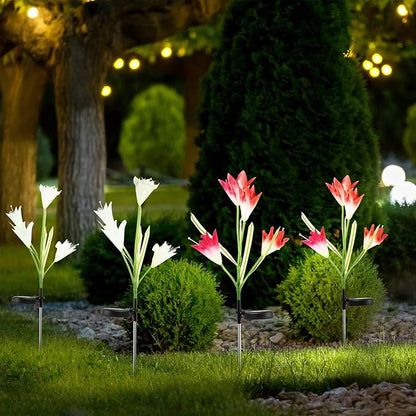 Veemoon 2pcs Solar Floor Plug Lamp Lily Shape LED Garden Solar Light with Ground Stake, Outdoor Landscape Path Light for Lawn Patio Decoration, White and Pink Mix