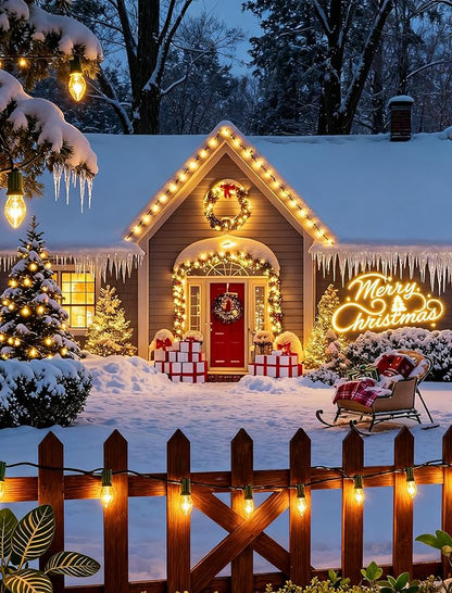 C7 Clear Christmas Lights 25FT, C7 Outdoor Patio String Lights with 27 Warm White Bulbs, Vintage Christmas Tree Lights for Roofline Roof Party Garden Decoration (Green Wire)