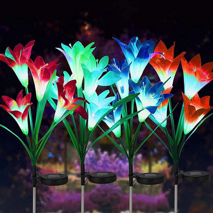 Lxcom Lighting Solar Path Light 4 Pcs Artificial Lily Flowers Waterproof Solar Garden Light Decorative Outdoor Lights Solar Lights Outdoor Garden for Patio Garden Yard Pathway, 4 Pack(Red)
