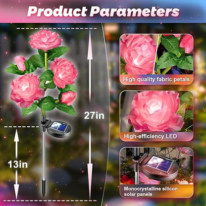Anordsem Solar Garden Lights Outdoor: 10 Artificial Fabric Pink Roses Flowers 2 Pack- LED Flower Decorations for Cemetery Grave Pathway Yard- Birthday Gifts for Women, Wife and Mother