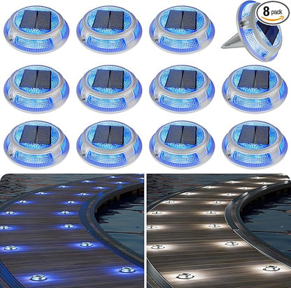 VOLISUN Solar Driveway & Deck Lights 12 Pack Waterproof Dock & Marine Ground Lights,2-in-1 Blue & White LED,Solar Marker for Pathways,Steps,and Warning Signs,Auto On/Off