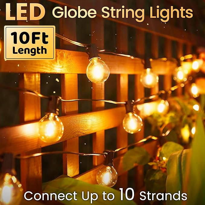 10FT Outdoor String Lights - LED Patio Lights Waterproof G40 Plastic Globe Bulbs, Connectable Shatterproof Hanging | Lumora