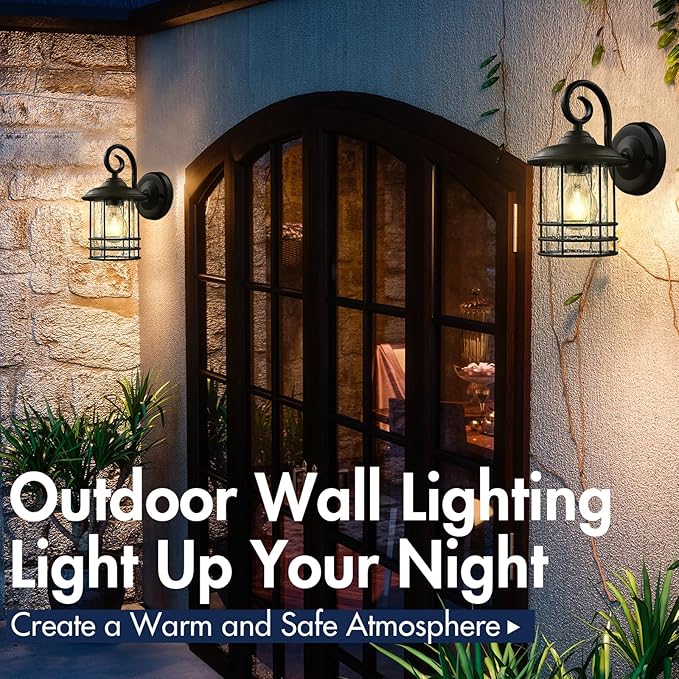 Emliviar 1-Light Outdoor Wall Lantern 2 Pack, Exterior Wall Lamp Light in Black Finish with Clear Seeded Glass -Twin Pack, OS-1803CW1