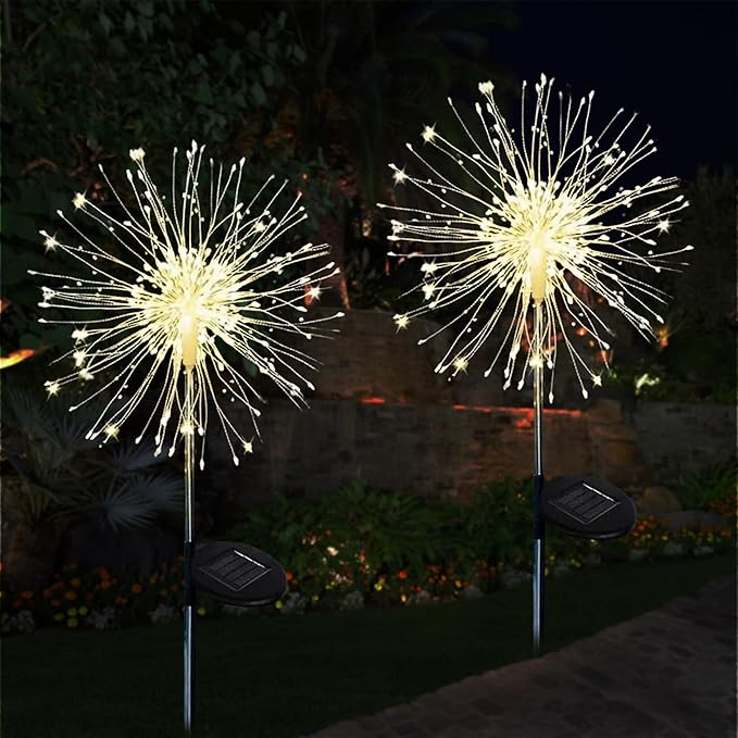 Solar Firework Lights Outdoor Waterproof 2Pcs 150 LED with 8 Modes DIY Stake Landscape Light for Outside Garden Yard Pathway Party Decor Christmas Decoration Solar Starburst Lights Warm White