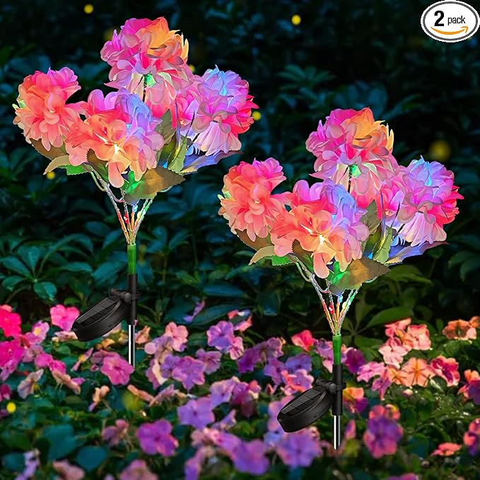 Neporal Solar Flowers Outdoor Waterproof IP65, 2PK 5-Head Hydrangea with 4-Color Light & 2 Lightning Modes, Solar Garden Lights Outdoor Waterproof for Garden, Yard,Pathway, Gardening Gifts for Women