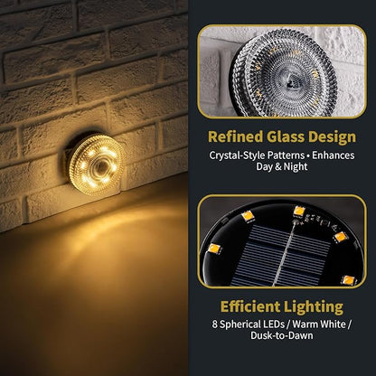 Glass Solar Deck Lights with Crystal Style, Modular-Design Waterproof Outdoor Fence Lights for Stairs Step Yard Patio Garden Wall Pathway, Decorative Patio Table Lighting, Warm White (4 Pack)