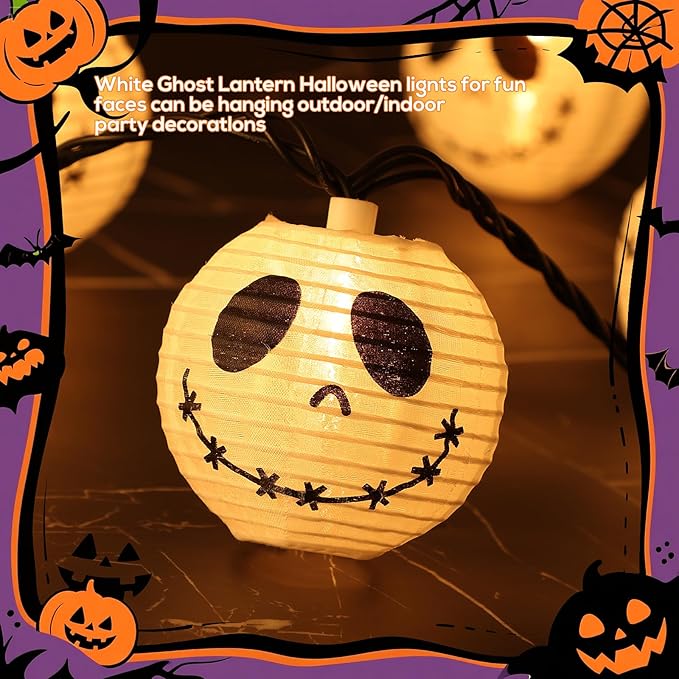 Halloween Ghost Jack Skellington Lantern String Lights, Halloween Lanterns String Lights of 10 Pack Festive White Ghost Jack Face for Spooky Outdoor & Indoor Displays Decorations