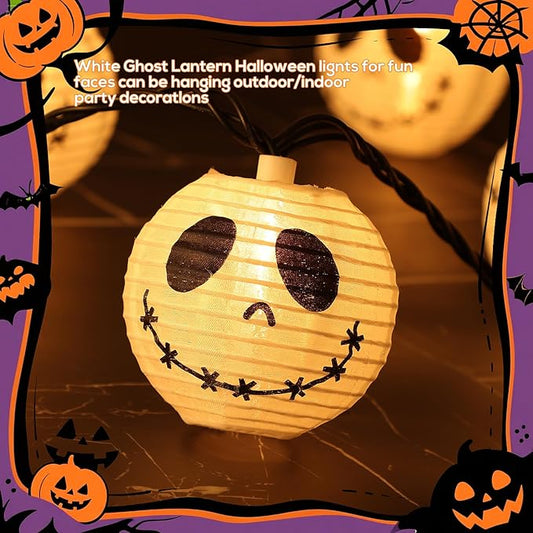 Halloween Ghost Jack Skellington Lantern String Lights, Halloween Lanterns String Lights of 10 Pack Festive White Ghost Jack Face for Spooky Outdoor & Indoor Displays Decorations