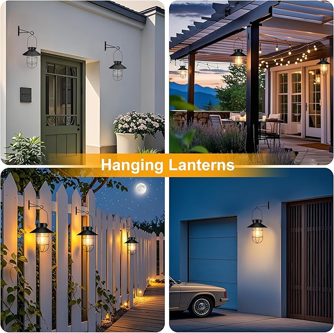 pearlstar 2 Pack Solar Lights Outdoor, Hanging Solar Lanterns with Edison Bulb and 2 x 32 Inch Shepherd Hooks | Lumora