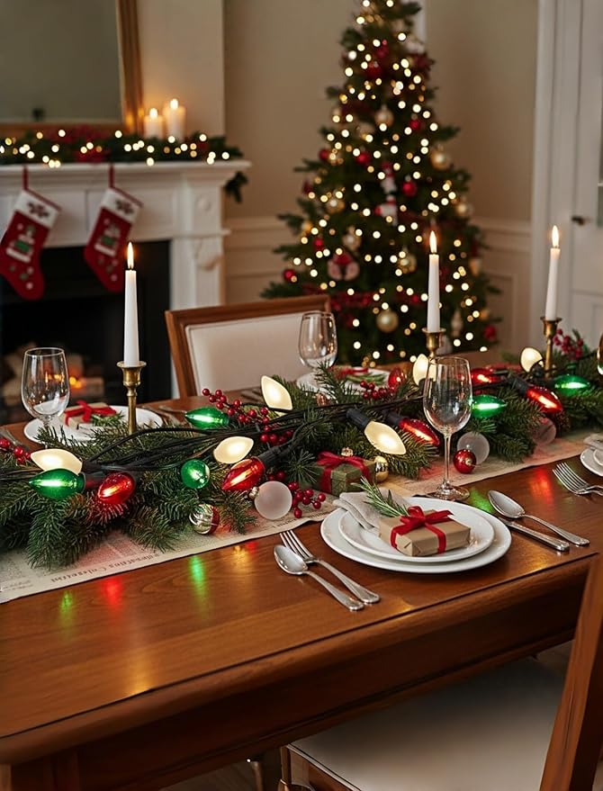 25FT Red Green White Christmas Lights,Multicolor LED C7 Christmas String Lights with 27 LED Bulbs,Dimmable Hanging Lights Candle for Outside Porch Garden Roofline Party Decor