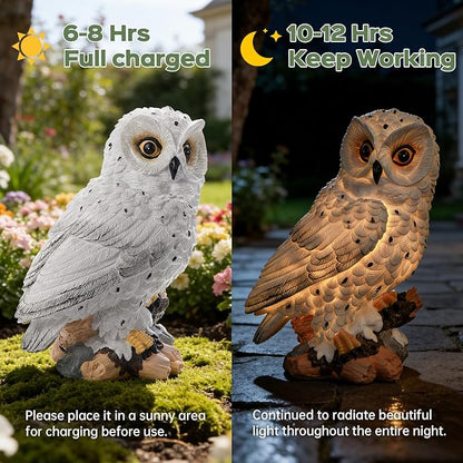 Solar Owl Garden Outdoor Statue,Owl Figurine Sculpture with LED Lights for Porch Patio Lawn Yard Deck Spring Decor - Ideal Easter Day Housewarming Christmas Gift for Women Men Owl Lover(White)