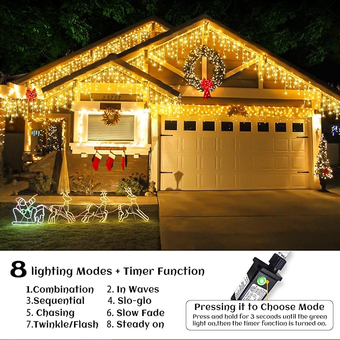 Icicle lights Outdoor - 33ft Christmas Lights with 400LED 75 Drops 8 Modes, Plug in Curtain String Lights | Lumora