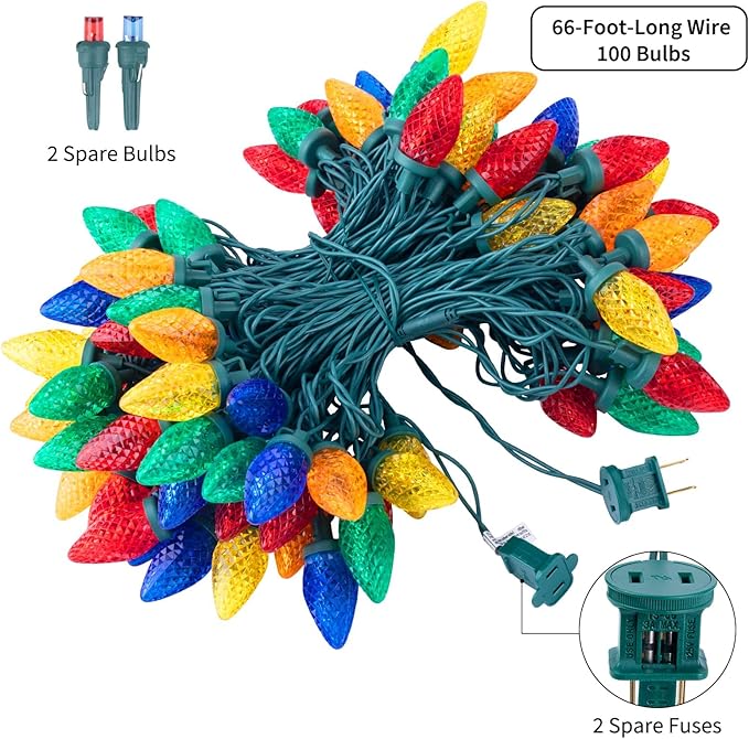 Brightown C9 Christmas String Lights Multicolor, 66ft 100 LED Faceted Christmas Lights on Green Wire, Plug-in Large | Lumora