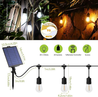 PMS Solar Outdoor String Lights, Color Changing Warm White to Cool White with Remote, Shatterproof LED Bulbs for Backyard Garden Gazebo Patio Pergola (60FT-20LIGHTS)