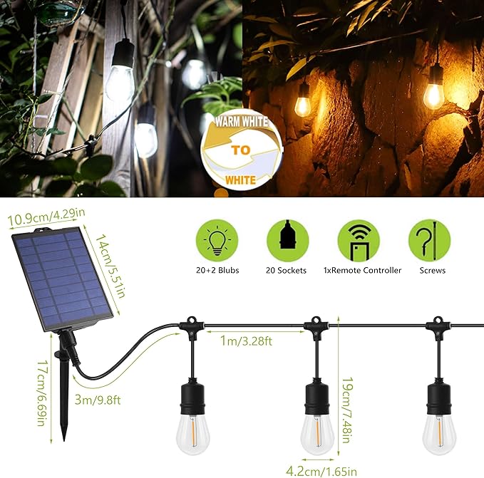 PMS Solar Outdoor String Lights, Color Changing Warm White to Cool White with Remote, Shatterproof LED Bulbs for | Lumora