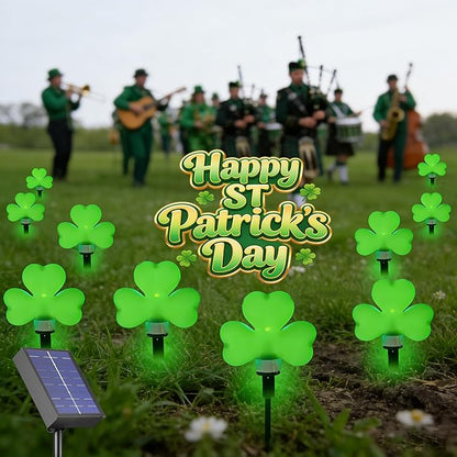 St Patricks Day Decorations Solar Garden Lights Outdoor Waterproof 8 Pack Green Shamrock Three Leaf Lucky Clover Solar Stake Lights 8 Modes for Yard Pathway Party Outside Irish St. Patrick's Day Decor