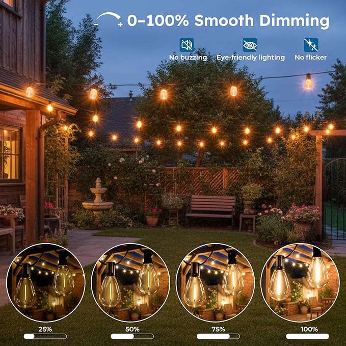 100FT S11 LED Outdoor String Lights with App & Remote, Low-Voltage Patio Lights with Music Sync, 4 Lighting Modes | Lumora
