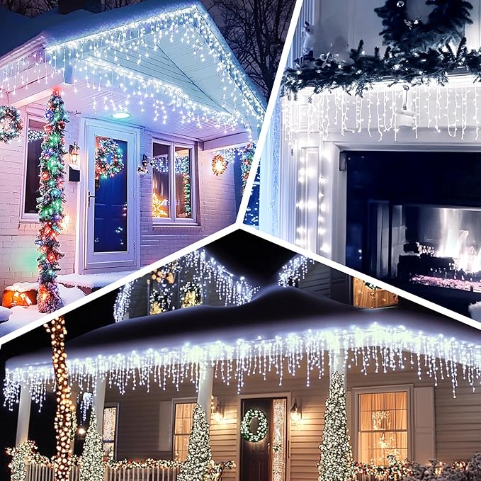LED Icicle Lights for Outdoor Christmas Decorations,39.4Ft 400 LEDs Christmas Fairy Light with Timer&Memory Function,8 Lighting Modes,Plug in hanging Curtain Lights for Xmas Party(Cool White)