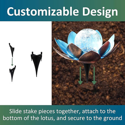 MCSLOTUS-B Blue Lotus Flower Solar LED Garden Light with Crackled Glass Globe – Waterproof Metal Outdoor Décor