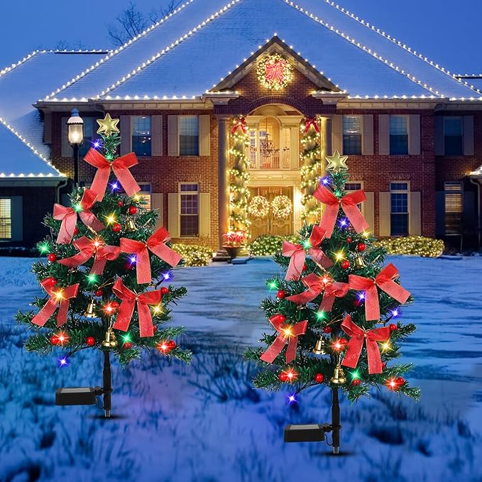 Solar Christmas Trees Decorations, 2 Pack Solar Powered Xmas Tree Lights, Pathway Lights with Multi-Color Lights | Lumora