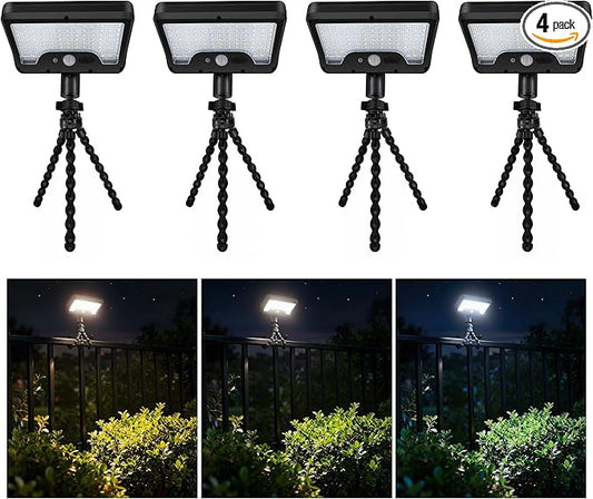 Solar Motion Lights - with Flexible Tripod 3-Color Mode lamp, 92 LEDs 600LM Lights with 2700K/5000K/7000K Adjustable Hightlight, Security Lights for Fence, Deck, Gutter (4-Pack