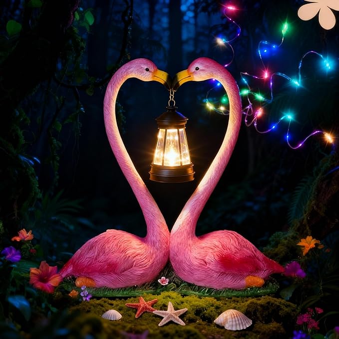 Outdoor Solar Lights Waterproof Garden Kissing Flamingo Heart Decoration with LED Decoration for Flamingo Themed Party Favors Lover Gifts Yard Patio Pathway Lawn Courtyard Centerpiece Decor