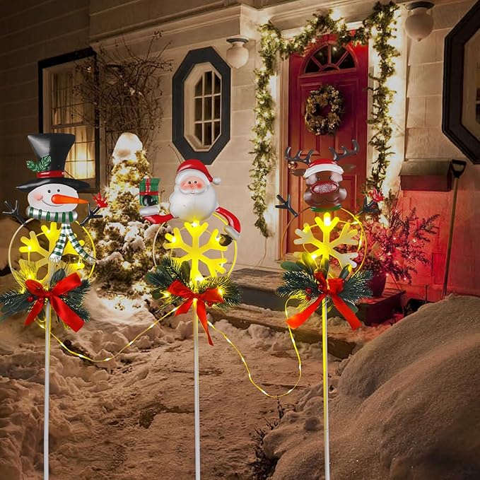 Christmas Yard Stakes Solar with Metal Santa, Snowman & Reindeer Set of 3, Christmas Grave Decorations with Solar | Lumora