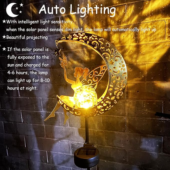 Solar Angel & Fairy Moon Waterproof Lights, Outdoor Garden Statues Decor, Outside Metal Yard Art Ornaments for Patio Lawn, Unique Gardening Gifts for Women Mom Grandma