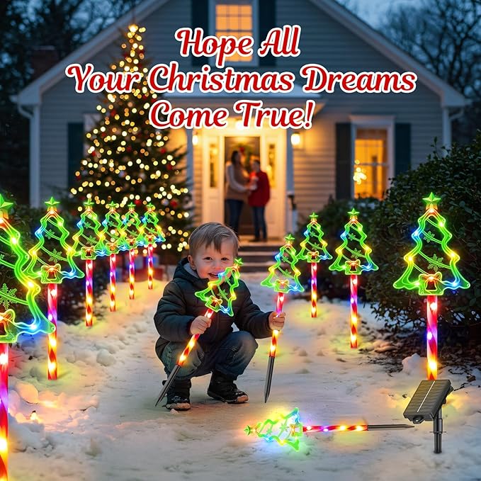 12 Pack Christmas Solar Pathway Lights Outdoor Decorations, 10 Modes Christmas Tree Candy Stake Lights with 156 | Lumora