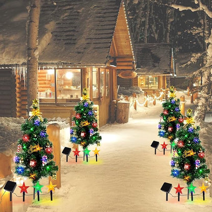 Solar Christmas Tree Light Outdoor Decoration, 31Inch Solar Tree Lights with 30 LED 8 Flashing Modes Decorated Prelit Gift Boxes & Ornaments for Pathway Patio Yard Garden Cemetery, 2PCS
