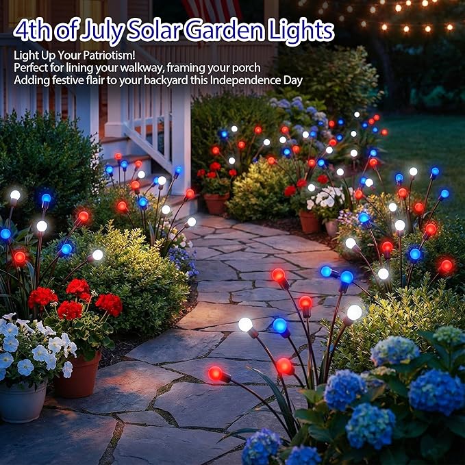 Patriotic Solar Firefly Lights 2 Pack Red White Blue Swaying Outdoor Lights 6 LED Each Waterproof Solar Stake Light for 4th of July Memorial Day Independence Day Yard Garden Patio Decor