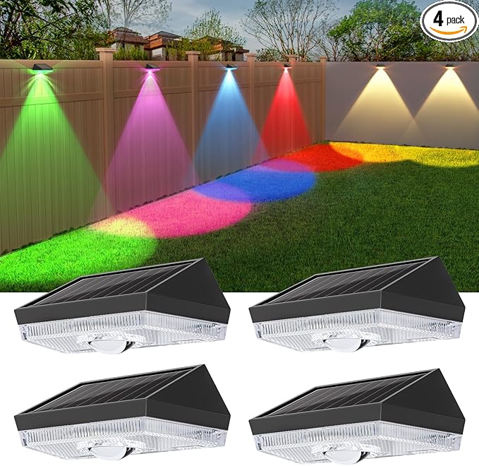 Ellasay Solar Fence Lights Outdoor: Solar Powered Deck Light - 10 Lighting Modes with RGB - Waterproof IP65 - Led Lens Wall Decor for Garden Patio Backyard Porch 4 Pack