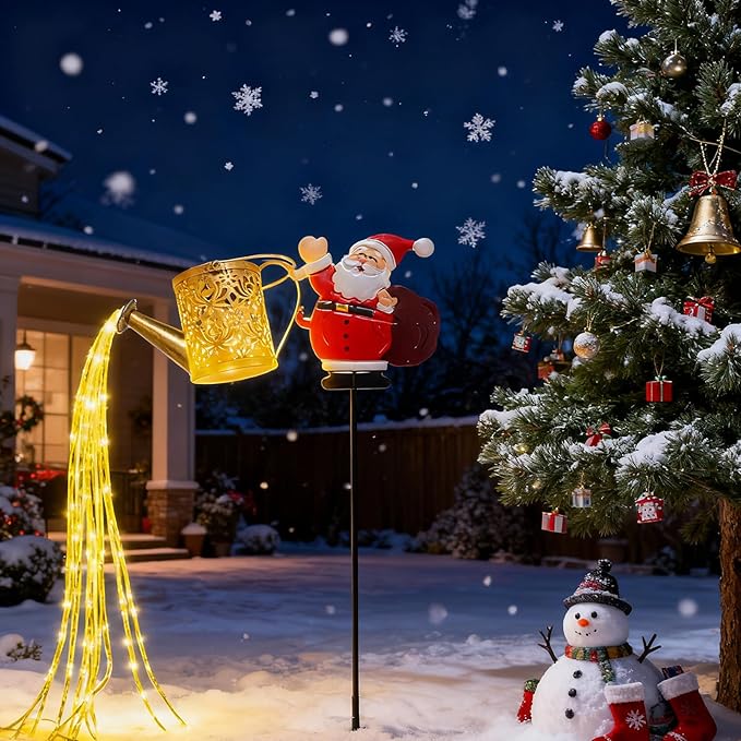 Christmas Solar Kettle Lights, Light Solar Santa Claus Watering Can LED Light, Waterproof Solar Powered Lawn Decorative Lights for Outdoor Christmas Pathway Decoration (Warm White C, Kettle Lights)