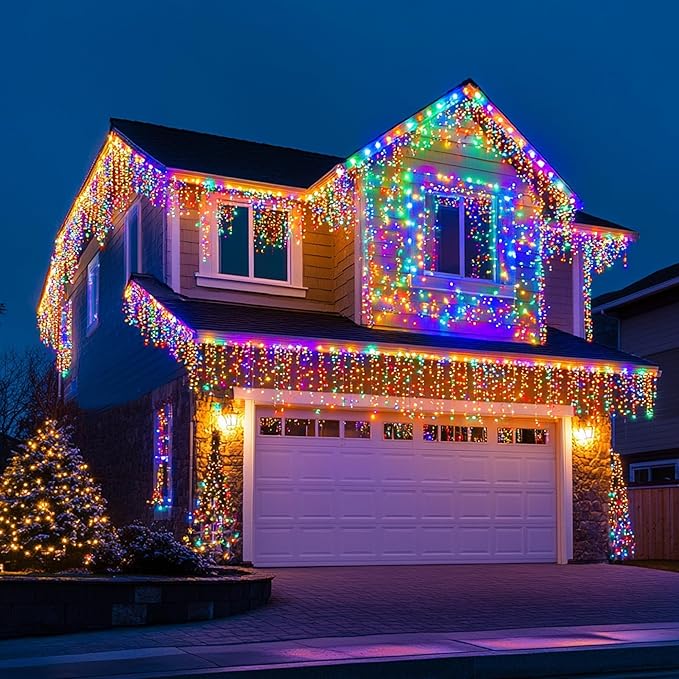 Dazzle Bright Christmas Icicle Lights, 88.5 FT 1080 LED 8 Modes Curtain Fairy Lights with 180 Drops, Xmas String Lights for Outdoor Holiday Wedding Party Decorations (Multi-Colored) (Pack of 2)
