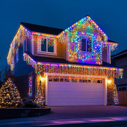 Dazzle Bright Christmas Icicle Lights, 88.5 FT 1080 LED 8 Modes Curtain Fairy Lights with 180 Drops, Xmas String Lights for Outdoor Holiday Wedding Party Decorations (Multi-Colored) (Pack of 2)