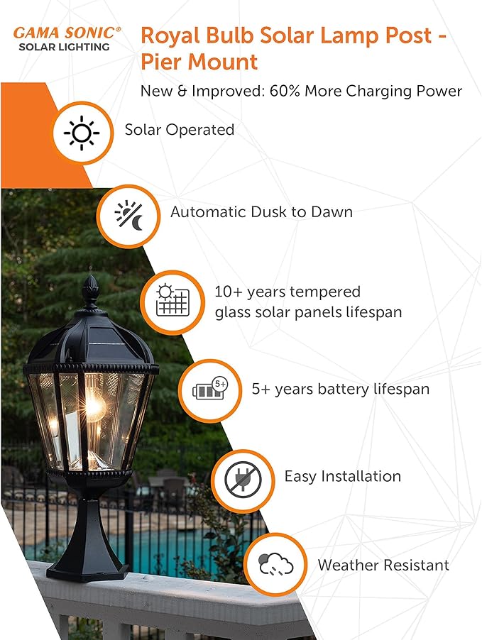 Gama Sonic Outdoor Solar Post Light with Pier Base, Black Aluminum and Beveled Glass, Royal Bulb 150 Lumens Warm | Lumora
