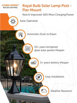 Gama Sonic Outdoor Solar Post Light with Pier Base, Black Aluminum and Beveled Glass, Royal Bulb 150 Lumens Warm | Lumora